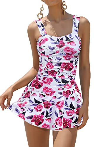 SHEKINI Damen Elegant Einteiliger Badeanzug Gepolstert Badekleid Ruched Badeanzug Damen Cutout Kordelzug Bauchweg Badekleider Damen(M,Rosa Blumen) von SHEKINI