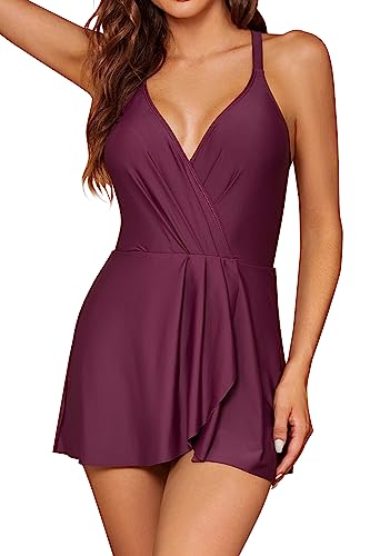 SHEKINI Damen Elegant Einteiliger Badeanzug Gepolstert V-Ausschnitt Halter Badekleid Badeanzugkleid Bauchweg Bademode Damen Rückenfrei Schwimmkleid Baderock(Brombeere,M) von SHEKINI