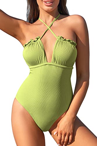 SHEKINI Damen Einteiliger Badeanzug Elegant Tiefen V Ausschnitt Neckholder Bademode Verstellbarer Kreuz Schnürungen Rückenfrei Monokini Badeanzüge für Frauen（XL,Matcha Grün von SHEKINI