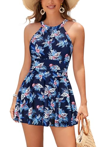 SHEKINI Damen Elegant Einteiliger Badeanzug Rückenfrei Schwimmkleid Ruched Retro Bauchweg Bauchkontrolle Badekleid für Damen（L，Marineblaue Trompetenblume） von SHEKINI