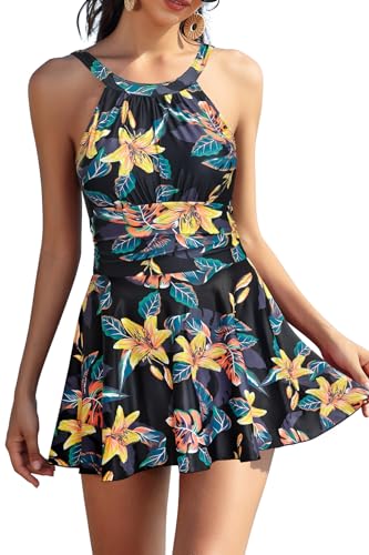 SHEKINI Damen Elegant Einteiliger Badeanzug Rückenfrei Schwimmkleid Ruched Retro Bauchweg Bauchkontrolle Badekleid für Damen（M，Schwarz-HD） von SHEKINI