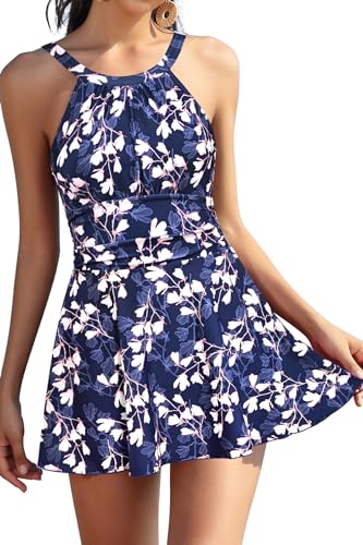 SHEKINI Damen Elegant Einteiliger Badeanzug Rückenfrei Schwimmkleid Ruched Retro Bauchweg Bauchkontrolle Badekleid für Damen（XL，Blau-FL） von SHEKINI