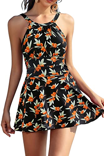 SHEKINI Damen Elegant Einteiliger Badeanzug Rückenfrei Schwimmkleid Ruched Retro Bauchweg Bauchkontrolle Badekleid für Damen(XL,Schwarz-Y) von SHEKINI