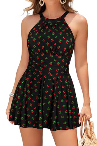 SHEKINI Damen Elegant Einteiliger Badeanzug Rückenfrei Schwimmkleid Ruched Retro Bauchweg Bauchkontrolle Badekleid für Damen（XXL，Kirsche-Schwarz） von SHEKINI