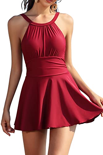 SHEKINI Damen Elegant Einteiliger Badeanzug Rückenfrei Schwimmkleid Ruched Retro Bauchweg Bauchkontrolle Badekleid für Damen (Weinrot, XL) von SHEKINI