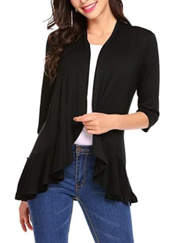 SHEKINI Damen Elegant Strickjacke 3/4 Ärmel Festlich Bolerojacke mit Schalkragen und Rüschensaum Vorne Offen Lang Sommerjacken Herbst Cardigan Lässige Oberteile von SHEKINI