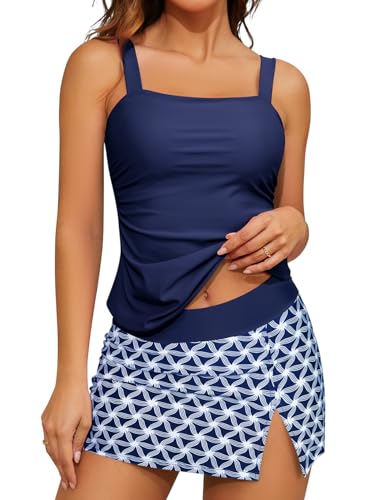 SHEKINI Damen Elegant Tankini Set Ruched Bauchweg Slim Zweiteiliger Badeanzug Tankini Oberteil mit Rock Große Größen Bademode（L,Dunkelblau Y） von SHEKINI