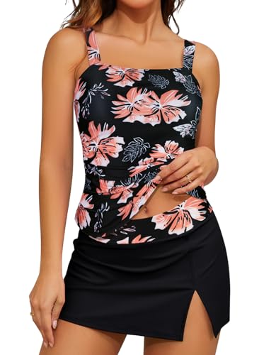 SHEKINI Damen Elegant Tankini Set Ruched Bauchweg Slim Zweiteiliger Badeanzug Tankini Oberteil mit Rock Große Größen Bademode（L,Schwarz Y） von SHEKINI
