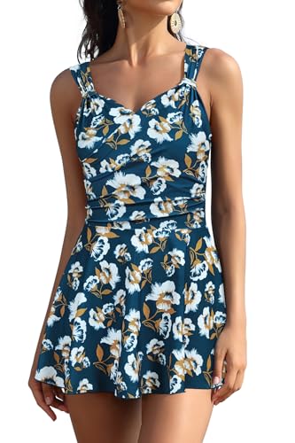 SHEKINI Damen Eleganter Einteiliger Schwimmanzug V Ausschnitt Crossover Schwimmkleid mit Innenslip Bauchweg Falten Badeanzug Doppelte Schultergurte Schwimmrock Große Größe Tankini（M，Navy Blau-BH） von SHEKINI