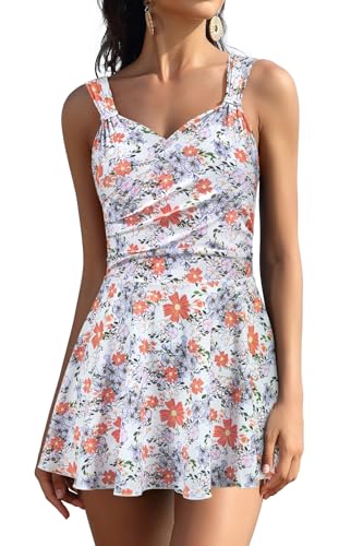 SHEKINI Damen Eleganter Einteiliger Schwimmanzug V Ausschnitt Crossover Schwimmkleid mit Innenslip Bauchweg Falten Badeanzug Doppelte Schultergurte Schwimmrock Große Größe Tankini（M，Weiß-CBJ） von SHEKINI