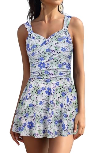 SHEKINI Damen Eleganter Einteiliger Schwimmanzug V Ausschnitt Crossover Schwimmkleid mit Innenslip Bauchweg Falten Badeanzug Doppelte Schultergurte Schwimmrock Große Größe Tankini（M，Weiß-LBJ） von SHEKINI