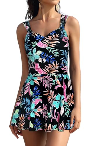 SHEKINI Damen Eleganter Einteiliger Schwimmanzug V Ausschnitt Crossover Schwimmkleid mit Innenslip Bauchweg Falten Badeanzug Doppelte Schultergurte Schwimmrock Große Größe Tankini（XL，Schwarz-CY） von SHEKINI