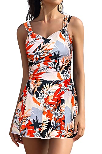 SHEKINI Damen Eleganter Einteiliger Schwimmanzug V Ausschnitt Crossover Schwimmkleid mit Innenslip Bauchweg Falten Schwimmrock Große Größe Tankini (Beige, M) von SHEKINI