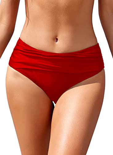 SHEKINI Frauen Ruched Bikinihosen Mittelhohe Badehose Verstecken Bauch Briefs Hipster Damen Klassisch Mäßige Abdeckung Badehose Shorts (Large, Rot) von SHEKINI