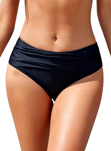 SHEKINI Frauen Ruched Bikinihosen Mittelhohe Badehose Verstecken Bauch Briefs Hipster Damen Klassisch Mäßige Abdeckung Badehose Shorts (Large, Schwarz) von SHEKINI