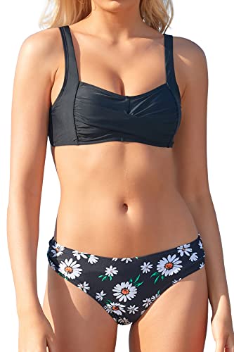 SHEKINI Damen Geblümter 2 Teiliger Bikini Verdrehte Bandeau Oberteil mit Breiter Träger Mid Rise Bauchweg Hose Gepolstert Bademode Große Größe Strandmode (Schwarz, XL) von SHEKINI