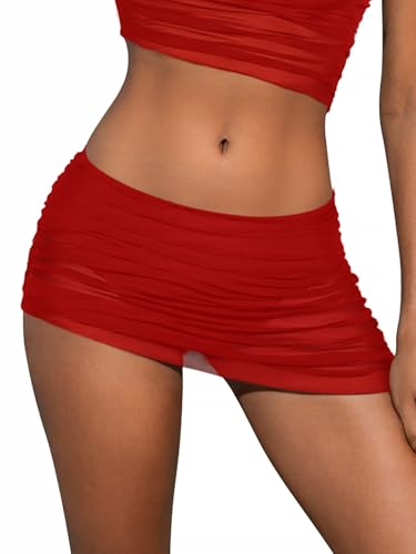 SHEKINI High Waist Bikinirock Mesh Unregelmäßig Baderock Damen Gerafft Schwimmrock Badeshorts Damen(S, Rot) von SHEKINI