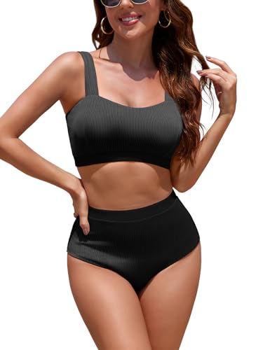 SHEKINI Damen Gerippte Farbblock 2-teilige Badeanzüge Sweetheart Ausschnitt Bademode High Waisted Badeanzug（XL，Schwarz） von SHEKINI