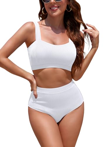 SHEKINI Damen Gerippte Farbblock 2-teilige Badeanzüge Sweetheart Ausschnitt Bademode High Waisted Badeanzug（XXL，Weiß） von SHEKINI