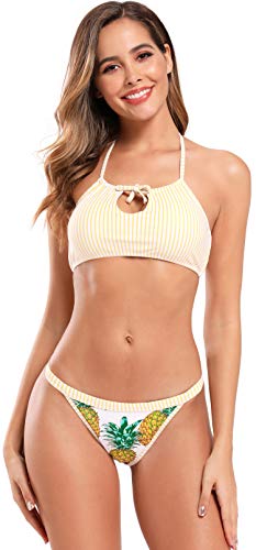 SHEKINI Damen Bikini Set Zweiteiliger Retro Gestreifte Neckholder Verstellbar Schnürung Bikinioberteil Gedruckt Triangel Low Waist Bikinihose Bademode(S, Gelb) von SHEKINI