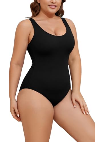 SHEKINI Damen Große Größen Badeanzug Einteiler Schwimmanzug Bauchweg Gepolstert Bademode Bauchkontrolle U Ausschnitt One Piece Swimsuits von SHEKINI