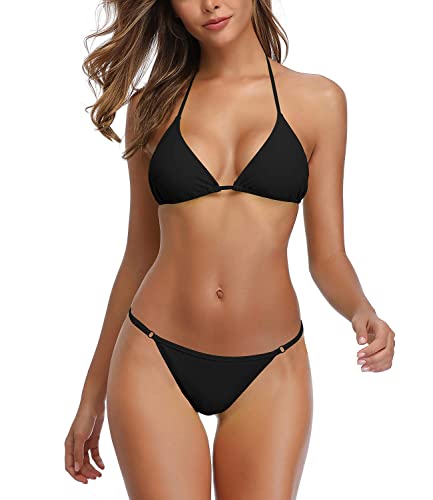 SHEKINI Sexy Bikini-Set für Damen, brasilianischer Tanga, freche String, zweiteiliger Badeanzug, Manhattan Black, Medium von SHEKINI