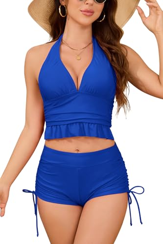 SHEKINI Damen Halter Deep V Bikini Top Kordelzug Swim Shorts Zwei Stück High Waisted Badeanzüge mit Jungen Short (Schmuck Blau, Medium) von SHEKINI