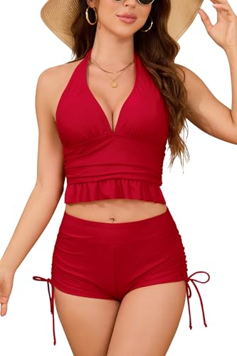 SHEKINI Damen Halter Deep V Bikini Top Kordelzug Swim Shorts Zwei Stück High Waisted Badeanzüge mit Jungen Short (rot, Small) von SHEKINI