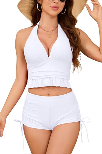 SHEKINI Damen Halter Deep V Bikini Top Kordelzug Swim Shorts Zwei Stück High Waisted Badeanzüge mit Jungen Short (weiß, Small) von SHEKINI