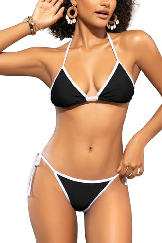 SHEKINI Damen Halter Dreieck Bikini Sets Farbblock Bademode String Brasilianische Zweiteilige Badeanzüge (L, Schwarz) von SHEKINI