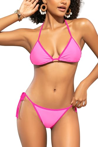 SHEKINI Damen Halter Dreieck Bikini Sets Farbblock Bademode String Brasilianische Zweiteilige Badeanzüge (S, Dunst Rosa) von SHEKINI