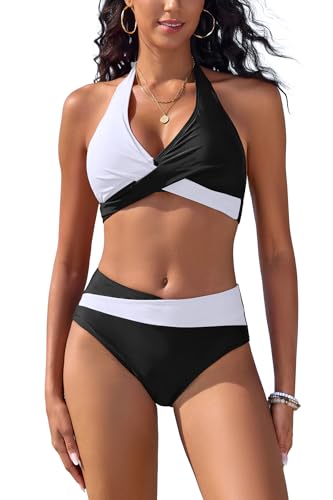 SHEKINI Damen Halter V-Ausschnitt Bikini Set Push Up Bademode Top Cheeky Badeanzug Rüschen Badeanzug Bottoms von SHEKINI