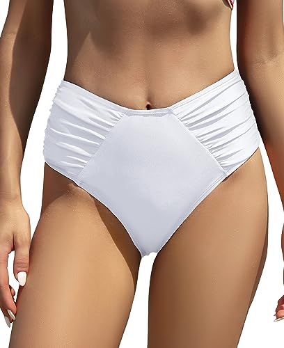 SHEKINI Damen Bikinihose High Waist Bauchweg Bikinislip Ruched Bikini Unterteil Abdominal Kontrolle Badeanzug Badehose Große Größe（M，Weiß） von SHEKINI