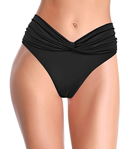 SHEKINI Damen Bikinihose Schwarz Bauchweg Hohe Taille Badeshorts Abdominal Kontrolle Bikini Slip Ruched Volltonfarbe Retro Badeanzug Badehose (Schwarz, S) von SHEKINI