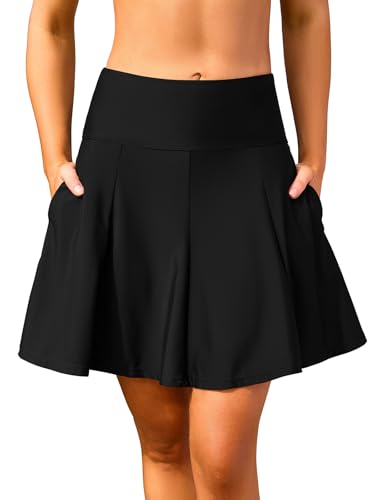 SHEKINI Damen High Waisted Swim Rock Seitentaschen Badeanzug Bottom mit eingebauter Short (Schwarz, Large) von SHEKINI