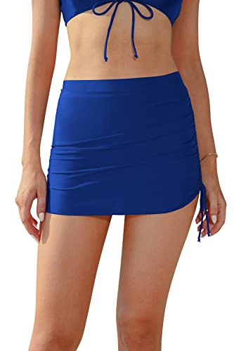 SHEKINI Damen High Waisted Swim Skirt Side Drawstring Tummy Control Skirted Bikini Bottoms with Slip, blau, L von SHEKINI