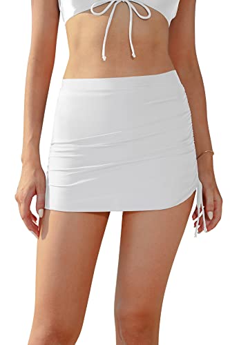 SHEKINI Damen High Waisted Swim Skirt Side Drawstring Tummy Control Skirt Bikini Bottoms with Slip, White, M von SHEKINI