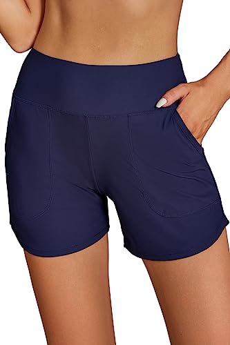 SHEKINI Damen Hohe Taille Badeshorts Taschen Kurze Badehose Schnell Trocknend Schwimmshorts Wassersport Boardshorts Schwimmhose mit Slip(Dunkelblau,S) von SHEKINI