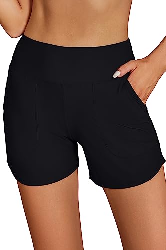 SHEKINI Damen Hohe Taille Badeshorts Taschen Kurze Badehose Schnell Trocknend Schwimmshorts Wassersport Boardshorts Schwimmhose mit Slip(Schwarz,L) von SHEKINI