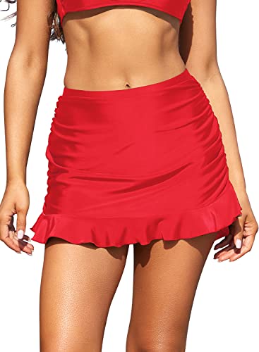 SHEKINI Damen Hohe Taille Rüsche Bikinirock Schwarz Elegant Kurze Rock Baderock mit Hose Strandrock Grosse Grössen Beiläufig Sportiv Schwimmrock (Rot,M) von SHEKINI