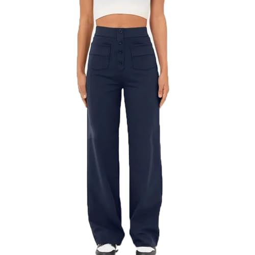 SHEKINI Damen Hose Y2K Gerades Bein mit Knopfleiste Baggy Freizeithose mit Taschen Hohe Taille Stoffhose Streetwear Hose Pants von SHEKINI