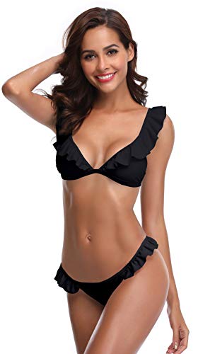 SHEKINI Damen Bikini Set Tiefer V-Ausschnitt Rückenfrei Rüsche Dekoration Verstellbarer Schultergurt Bikinioberteil Zweiteiliger Badeanzug Niedrige Taille Bikinihose（XL，schwarz） von SHEKINI