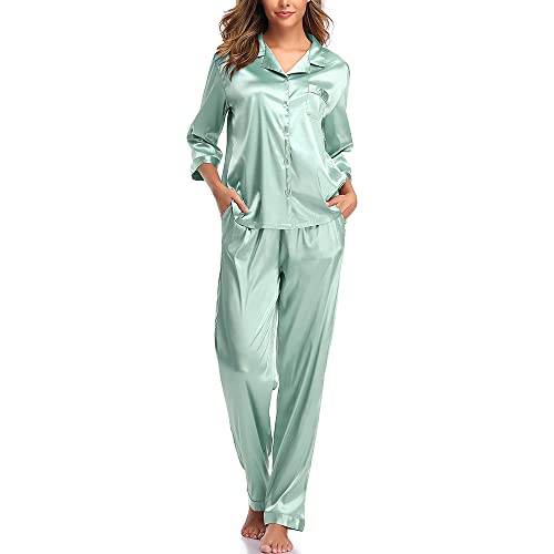 SHEKINI Damen Klassische Zweiteiliger Schlafanzug mit Hose mit Gummibund am Einfarbige Nachthemd Satin Nachtwäsche Knöpfen Pyjama Sleepwear(Stil 3 Pyjamas Set-Grün,L) von SHEKINI