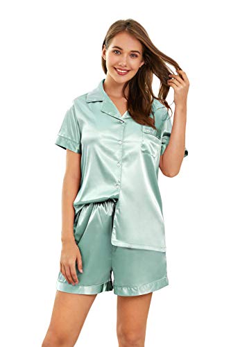 SHEKINI Schlafanzug Damen Satin Kurzarm-Pyjama für Damen Sommer Schlafanzug mit Knöpfen mit Spitze Tops und Shorts Zweiteiliger Schlafanzug Sleepwear Freizeitanzug mit Tasche von SHEKINI