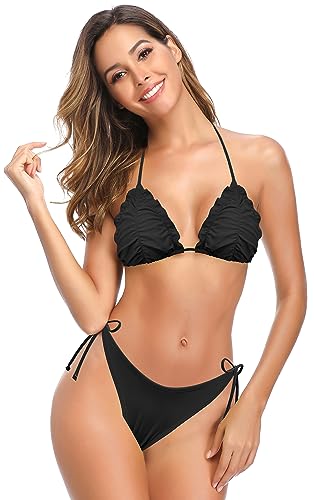 SHEKINI Bikini Set Klassischer Verstellbare Damen Bikinioberteil Zweiteiliger Rückenfrei Badeanzug Triangel Bikinihose(S,Schwarz D) von SHEKINI