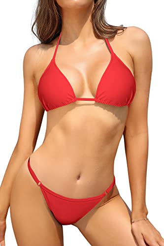 SHEKINI Damen Bikini Set Klassischer Triangel Rückenfrei Bikinioberteil Verstellbare Bademode Brasilianer Niedrige Taille Tanga Bikinihose Zweiteiliger Badeanzug(L,Rot) von SHEKINI