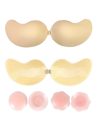 SHEKINI Damen Klebe BH, 4 Paare Trägerloser Unsichtbarer Push Up BH Invisible Bras Nipple Cover für rückenfreies Abendkleid, Ballkleid, Brautkleid von SHEKINI