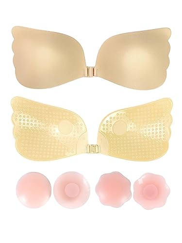 SHEKINI Damen Klebe BH, 4 Paare Trägerloser Unsichtbarer Push Up BH Invisible Bras Nipple Cover für rückenfreies Abendkleid, Ballkleid, Brautkleid von SHEKINI