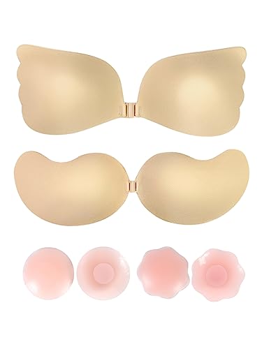 SHEKINI Damen Klebe BH, 4 Paare Trägerloser Unsichtbarer Push Up BH Invisible Bras Nipple Cover für rückenfreies Abendkleid, Ballkleid, Brautkleid von SHEKINI