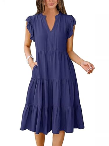 SHEKINI Damen Kleid Kurzarm V-Ausschnitt Fließende mit Falten Strandkleid A Linie Sommerkleid Lang Freizeitkleid Casual Midikleid Mit Taschen Lässig Dress von SHEKINI